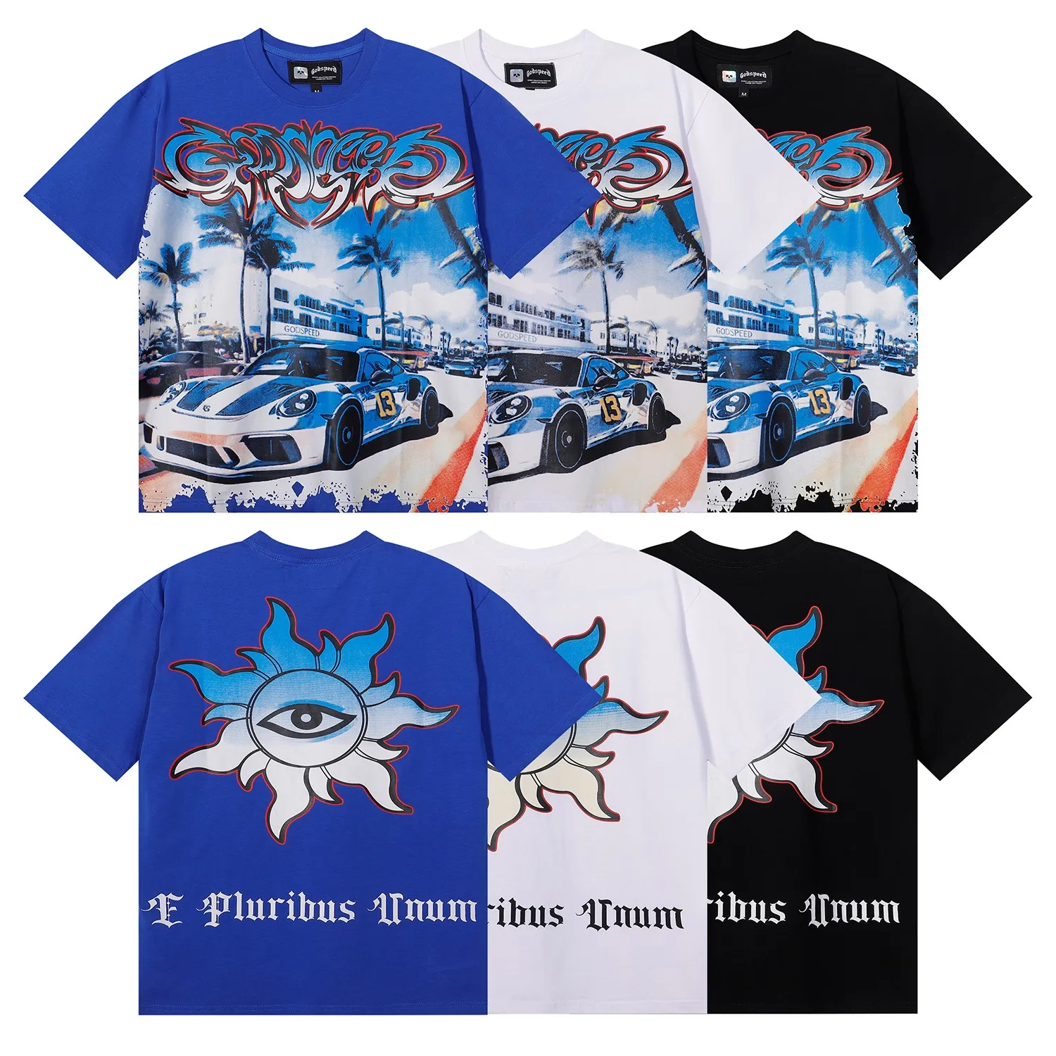 No. 7075, Mechao Godspeed supercar beach road printing high quality double yarn pure cotton casual short-sleeved T-shirt batch 110 Color: black, white, blue; Size: S M L XL