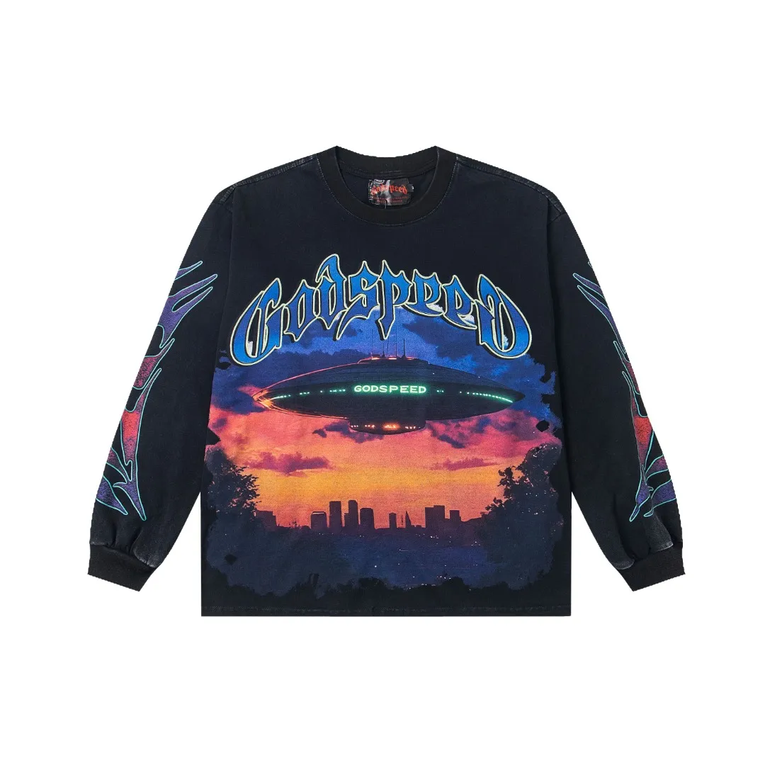 G53# GodSpeed ​​white ink direct spray washed long sleeve S-XL size black (washed) P156 apricot P146