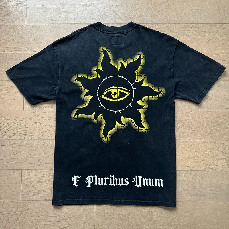 1039# P126 Washed Black Real Shot Godspeed American Fashion Rock Street Retro Washed Distressed Printed Pure Cotton Short Sleeves Fabric: 250g 32 Count Fine Cotton Double Yarn Pure Cotton Color: Washed Black Size: S M L XL