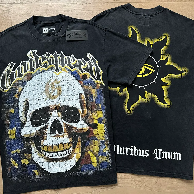 1039# P126 Washed Black Real Shot Godspeed American Fashion Rock Street Retro Washed Distressed Printed Pure Cotton Short Sleeves Fabric: 250g 32 Count Fine Cotton Double Yarn Pure Cotton Color: Washed Black Size: S M L XL