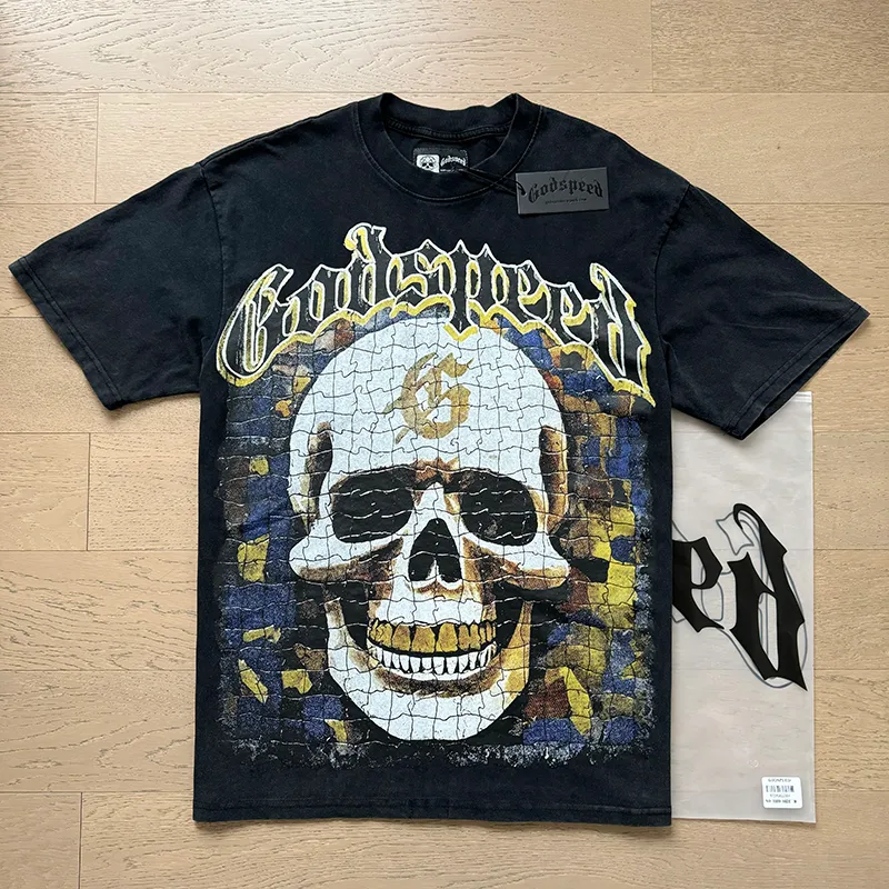 1039# P126 Washed Black Real Shot Godspeed American Fashion Rock Street Retro Washed Distressed Printed Pure Cotton Short Sleeves Fabric: 250g 32 Count Fine Cotton Double Yarn Pure Cotton Color: Washed Black Size: S M L XL
