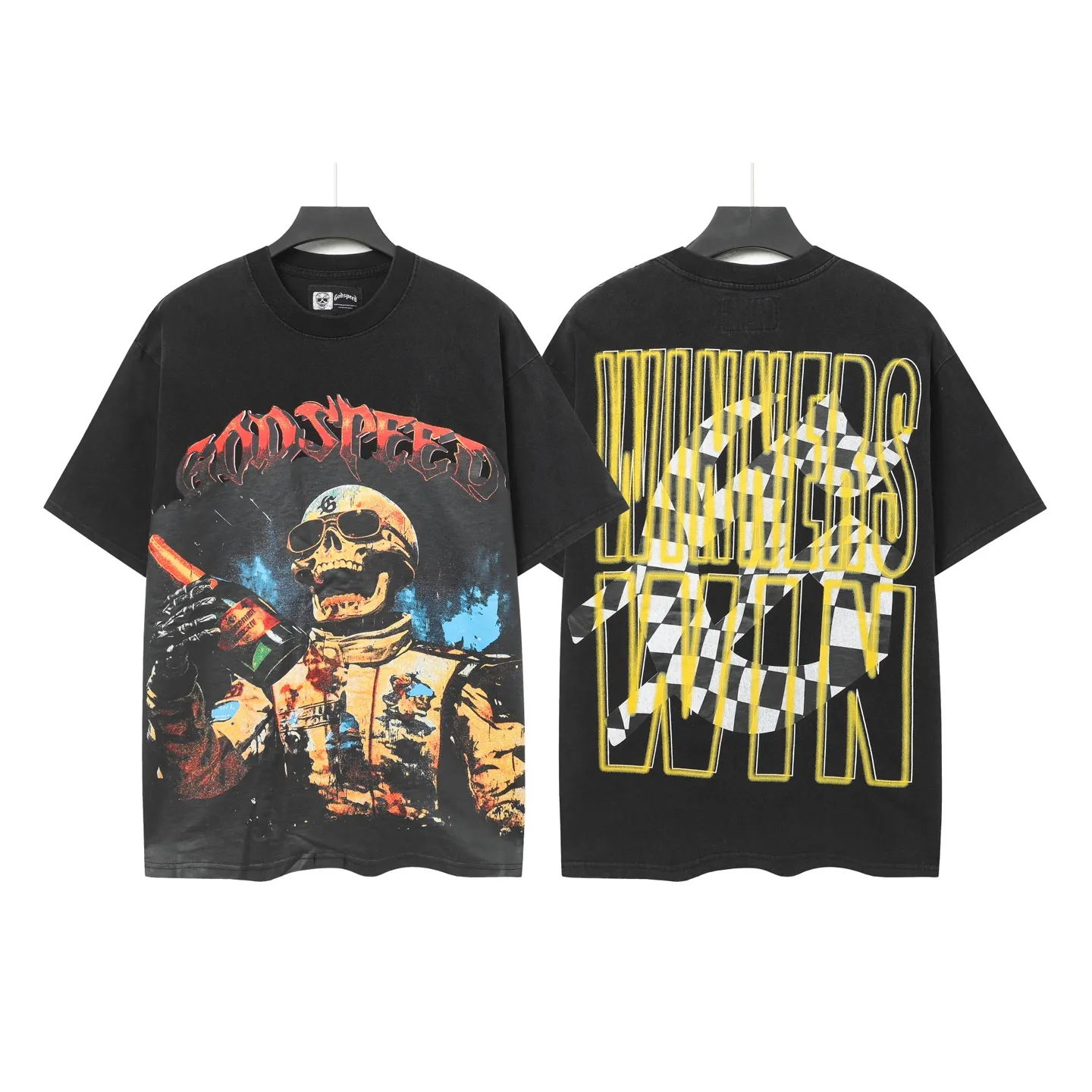 6019#washed black｜P116 Godspeed cross-border American rock and roll street washed retro style short-sleeved T (craft printing) fabric (fabric): 32 count combed double yarn 250g weight size (size): S-M-L-XL color (colour): washed black 👉