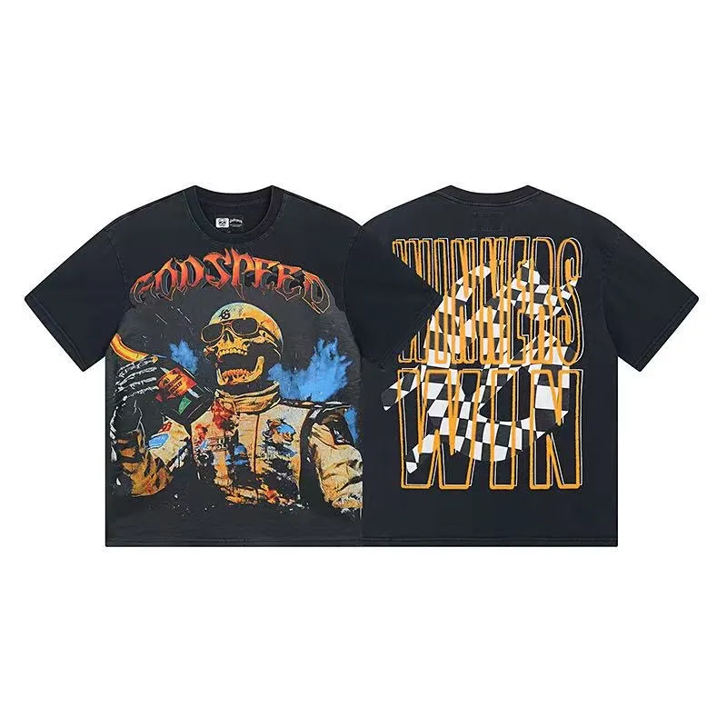 6019#washed black｜P116 Godspeed cross-border American rock and roll street washed retro style short-sleeved T (craft printing) fabric (fabric): 32 count combed double yarn 250g weight size (size): S-M-L-XL color (colour): washed black 👉