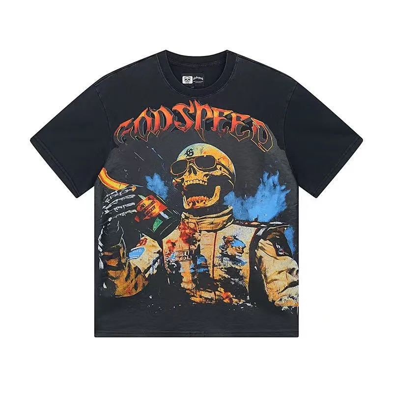 6019#washed black｜P116 Godspeed cross-border American rock and roll street washed retro style short-sleeved T (craft printing) fabric (fabric): 32 count combed double yarn 250g weight size (size): S-M-L-XL color (colour): washed black 👉