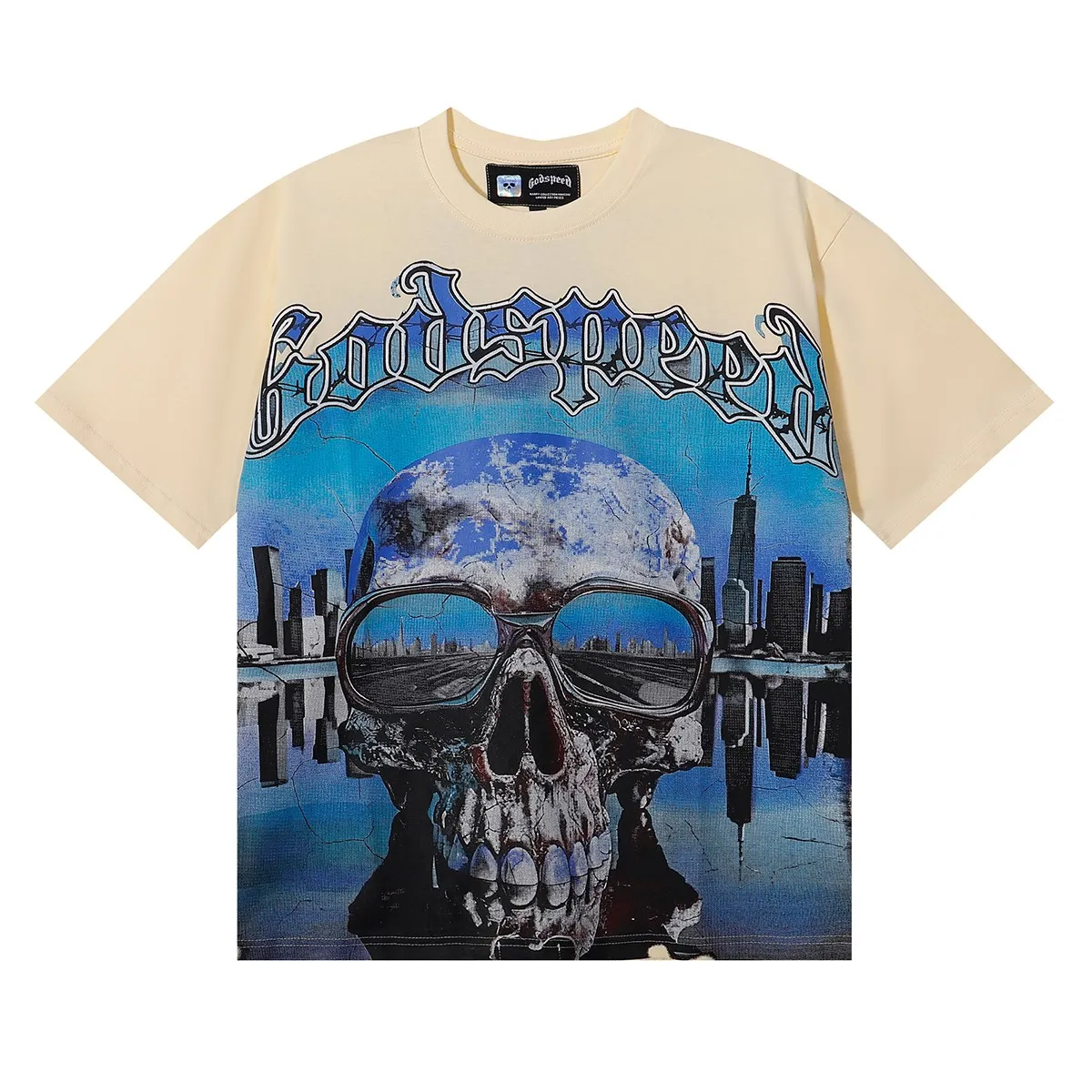 No. 7063, American fashion Godspeed skull city reflection print high weight double yarn pure cotton casual short-sleeved T-shirt batch 110 Color: black, apricot; Size: S M L XL