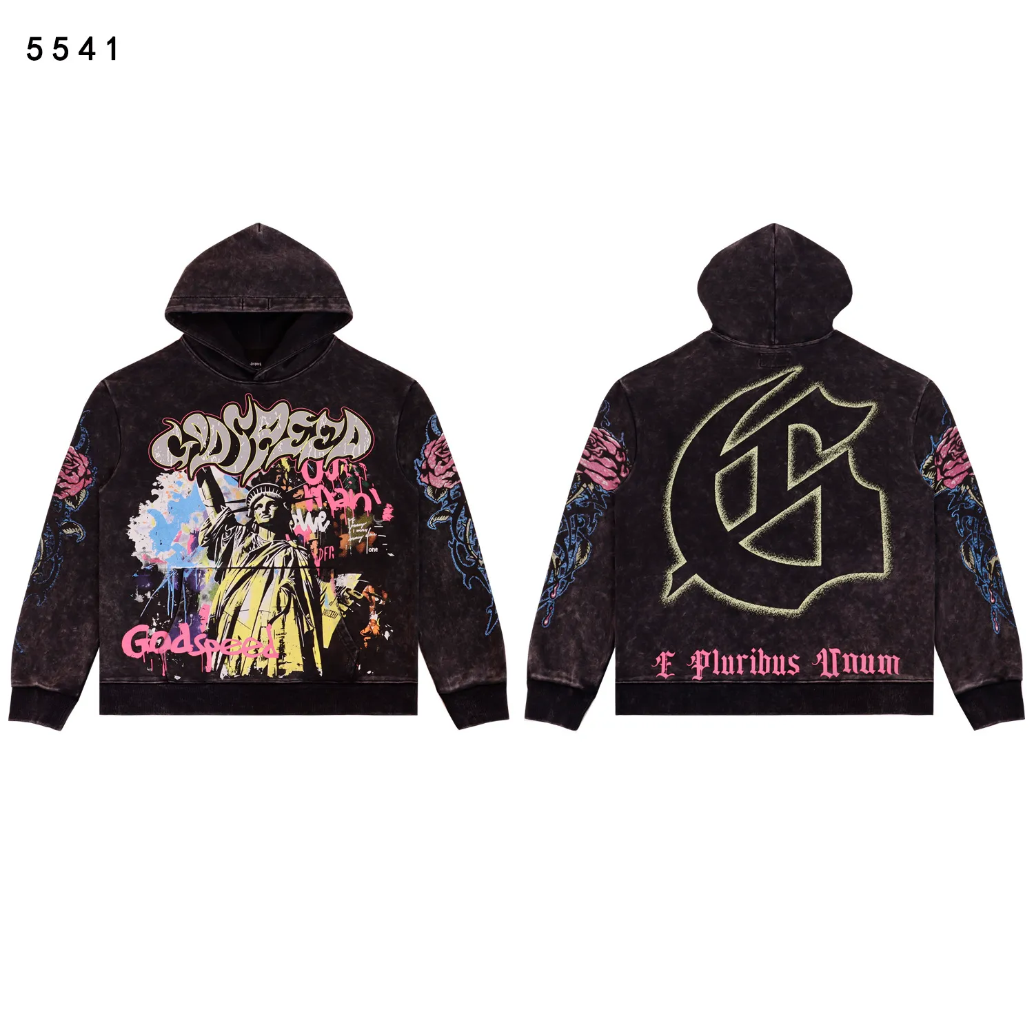 Style number: 5541 Fabric: 420g washed and distressed P196 Real shot Spot Godspeed American fashion rock street retro washed and distressed printed hooded sweatshirt Color: washed black washed apricot Size: S M L XL