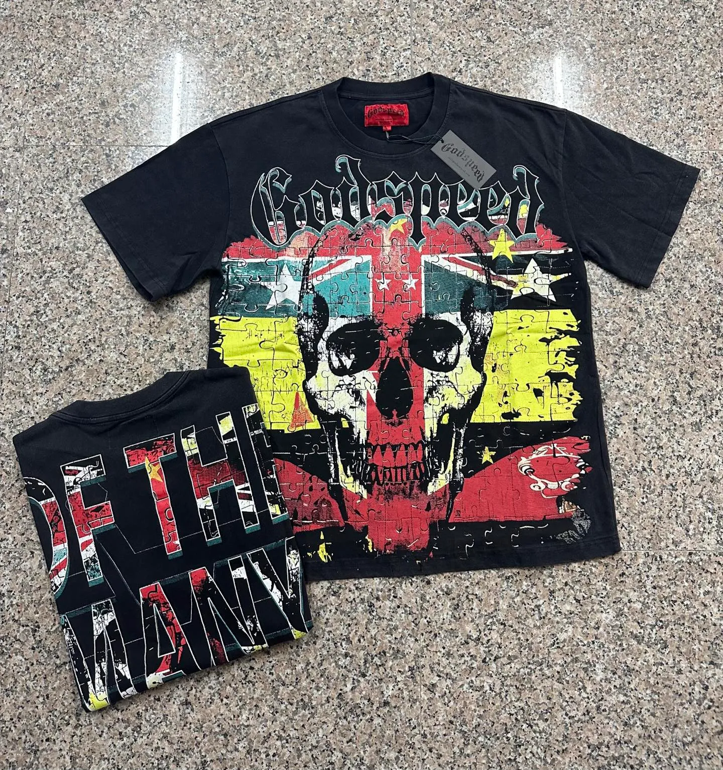 6136# Washed black I P116 Real stock (American fashion niche) Godspeed cross-border American rock and roll street washed retro style short-sleeved T (craft printing) Fabric (fabric): 32 counts combed double yarn 250 grams weight Size (size): S-M-L-XL Color (colour): Washed black