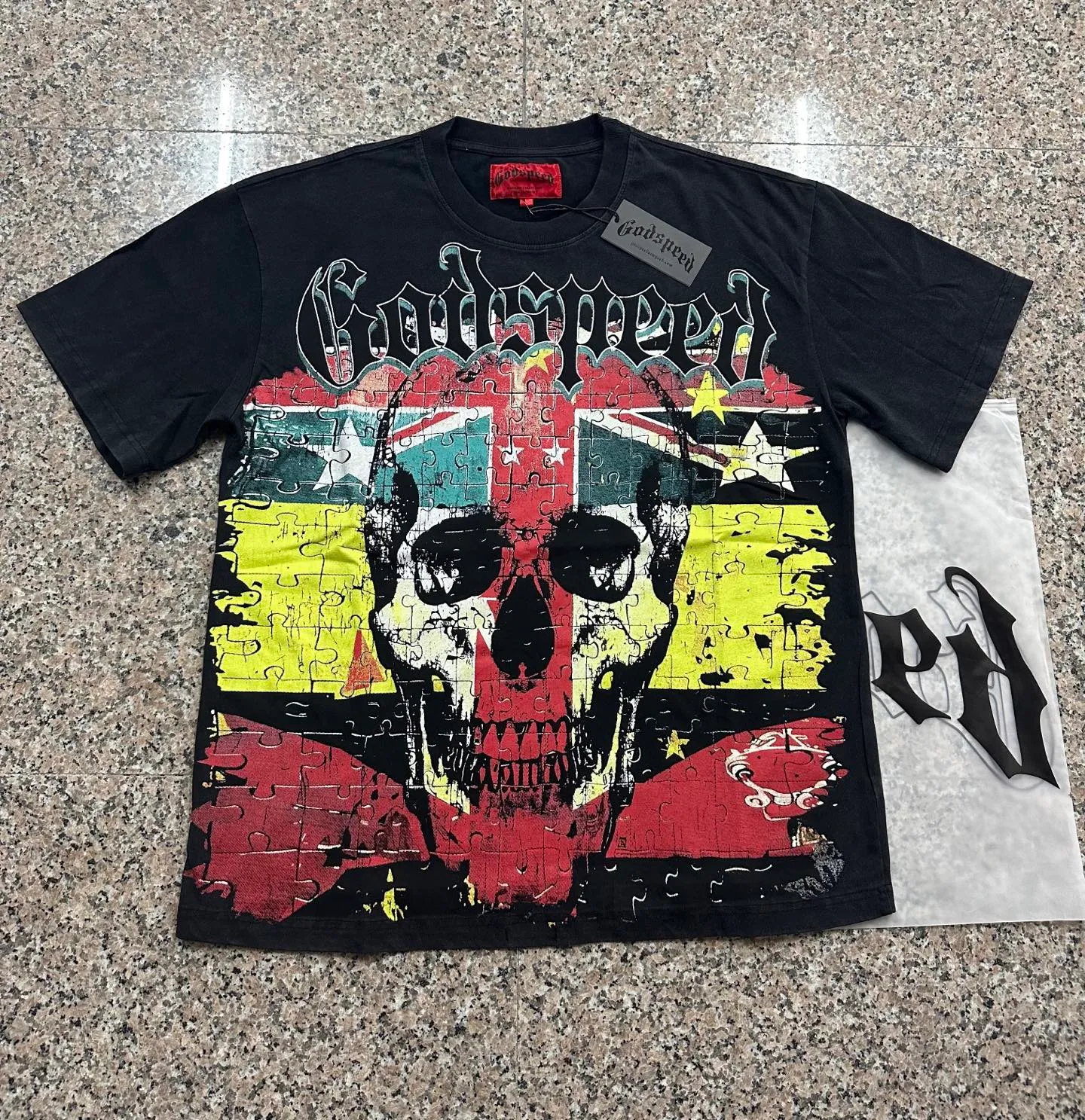 6136# Washed black I P116 Real stock (American fashion niche) Godspeed cross-border American rock and roll street washed retro style short-sleeved T (craft printing) Fabric (fabric): 32 counts combed double yarn 250 grams weight Size (size): S-M-L-XL Color (colour): Washed black