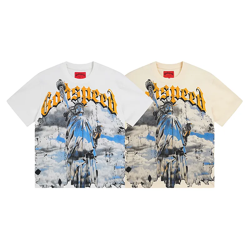 3015# P110 Real shot Godspeed American fashion rock street retro loose printed cotton short sleeves Fabric: 240g 32 count fine cotton double yarn pure cotton Color: off-white apricot Size: S M L XL