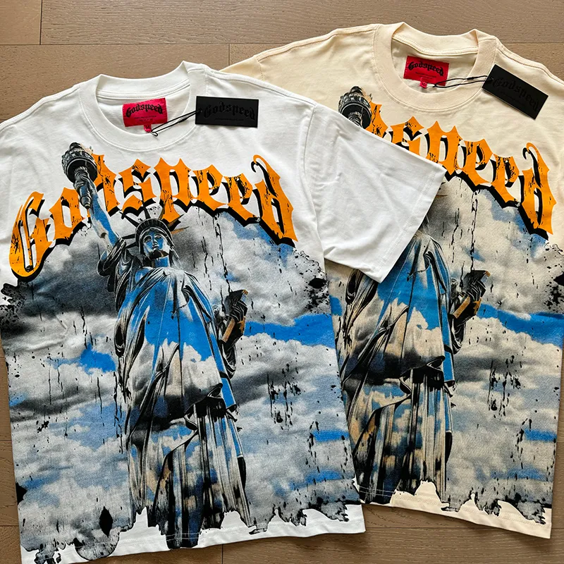 3015# P110 Real shot Godspeed American fashion rock street retro loose printed cotton short sleeves Fabric: 240g 32 count fine cotton double yarn pure cotton Color: off-white apricot Size: S M L XL