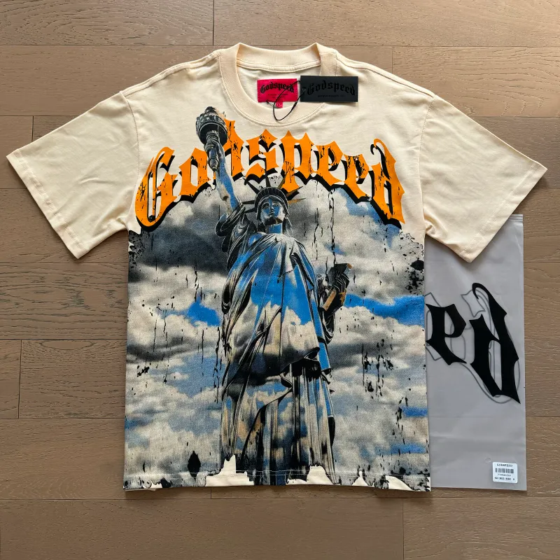 3015# P110 Real shot Godspeed American fashion rock street retro loose printed cotton short sleeves Fabric: 240g 32 count fine cotton double yarn pure cotton Color: off-white apricot Size: S M L XL