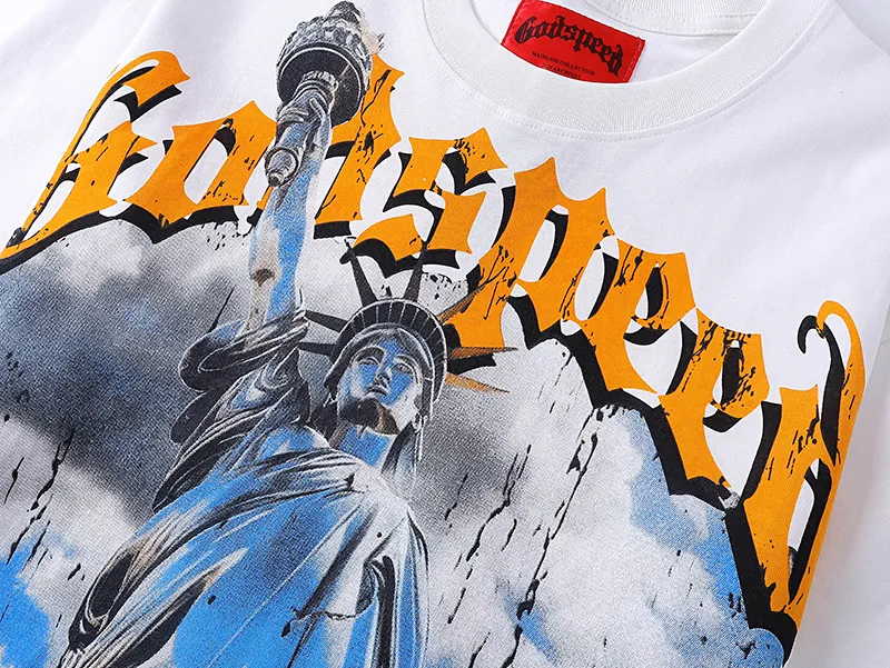 3015# P110 Real shot Godspeed American fashion rock street retro loose printed cotton short sleeves Fabric: 240g 32 count fine cotton double yarn pure cotton Color: off-white apricot Size: S M L XL
