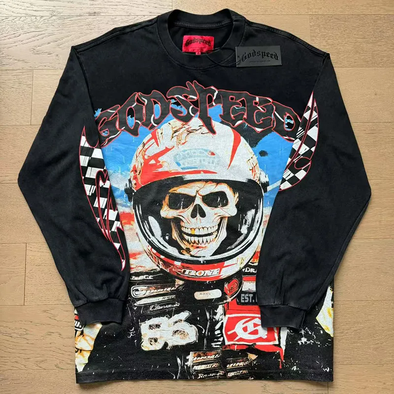 1102# P160 Washed Black Real Shot Godspeed American Fashion Rock Street Retro Washed Distressed Printed Pure Cotton Short Sleeves Fabric: 270g 32 Count Fine Cotton Double Yarn Pure Cotton Color: Washed Black Size: S M L XL