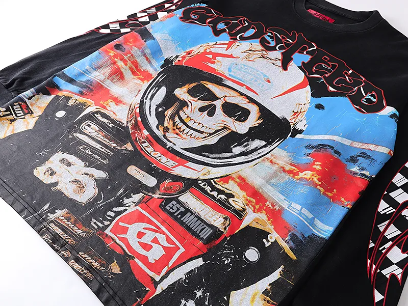1102# P160 Washed Black Real Shot Godspeed American Fashion Rock Street Retro Washed Distressed Printed Pure Cotton Short Sleeves Fabric: 270g 32 Count Fine Cotton Double Yarn Pure Cotton Color: Washed Black Size: S M L XL