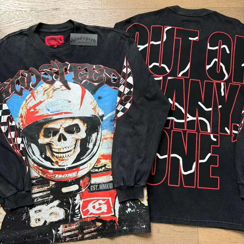 1102# P160 Washed Black Real Shot Godspeed American Fashion Rock Street Retro Washed Distressed Printed Pure Cotton Short Sleeves Fabric: 270g 32 Count Fine Cotton Double Yarn Pure Cotton Color: Washed Black Size: S M L XL