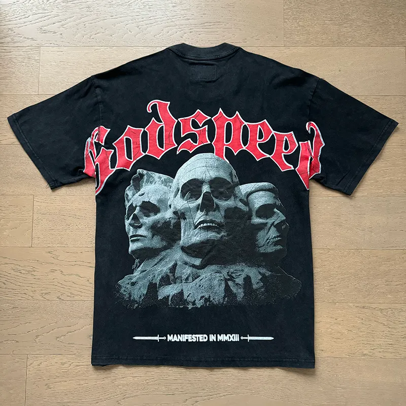 1059# P126 Washed Black Real Shot Godspeed American Fashion Rock Street Retro Washed Distressed Printed Cotton Short Sleeves Fabric: 250g 32 Count Fine Cotton Double Yarn Pure Cotton Color: Washed Black Size: S M L XL