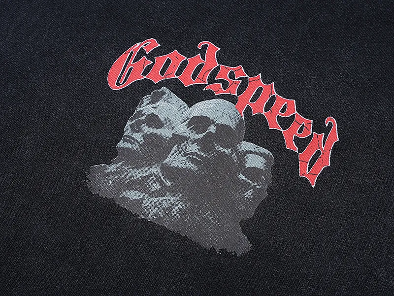 1059# P126 Washed Black Real Shot Godspeed American Fashion Rock Street Retro Washed Distressed Printed Cotton Short Sleeves Fabric: 250g 32 Count Fine Cotton Double Yarn Pure Cotton Color: Washed Black Size: S M L XL
