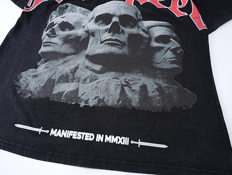 1059# P126 Washed Black Real Shot Godspeed American Fashion Rock Street Retro Washed Distressed Printed Cotton Short Sleeves Fabric: 250g 32 Count Fine Cotton Double Yarn Pure Cotton Color: Washed Black Size: S M L XL