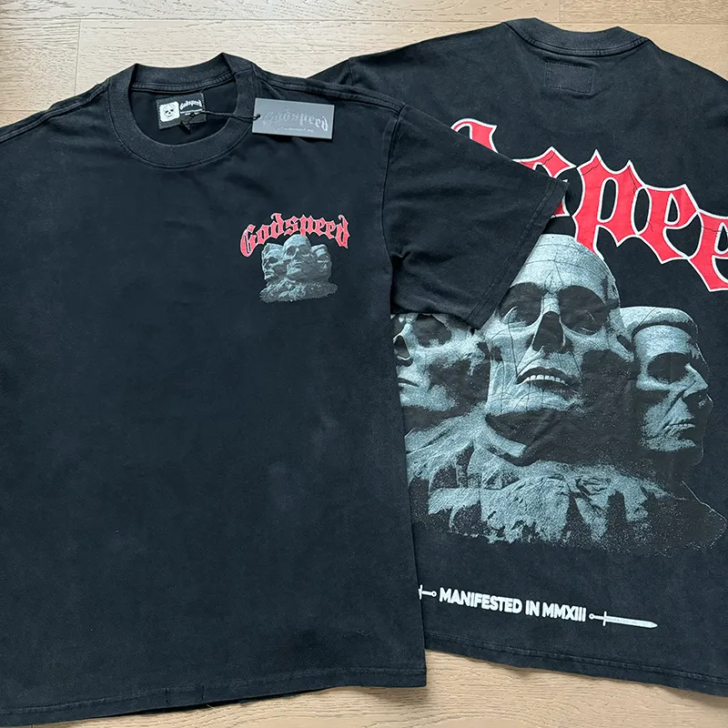 1059# P126 Washed Black Real Shot Godspeed American Fashion Rock Street Retro Washed Distressed Printed Cotton Short Sleeves Fabric: 250g 32 Count Fine Cotton Double Yarn Pure Cotton Color: Washed Black Size: S M L XL