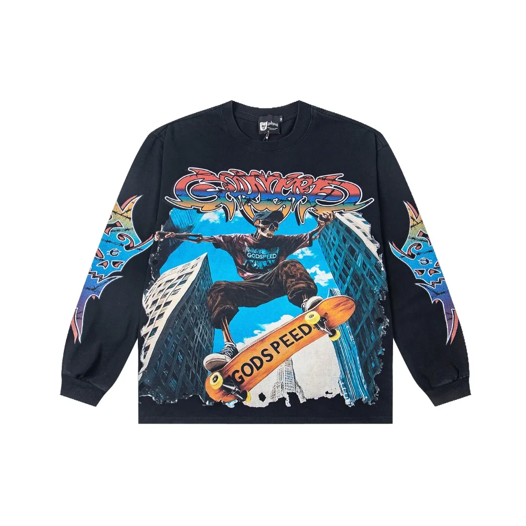 G47# GodSpeed ​​white ink direct spray washed long sleeve S-XL size black (washed) P156 apricot P146