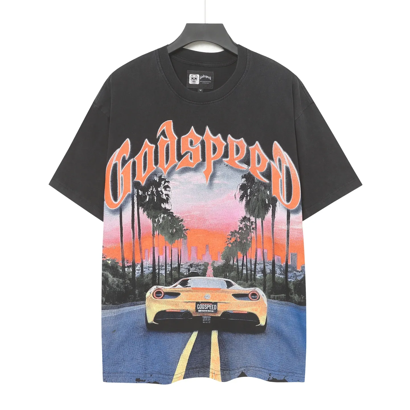 6089#washed black｜P116 Godspeed cross-border American rock and roll street washed retro style short-sleeved T (craft printing) fabric (fabric): 32 count combed double yarn 250g weight size (size): S-M-L-XL color (colour): washed black 👉 👉