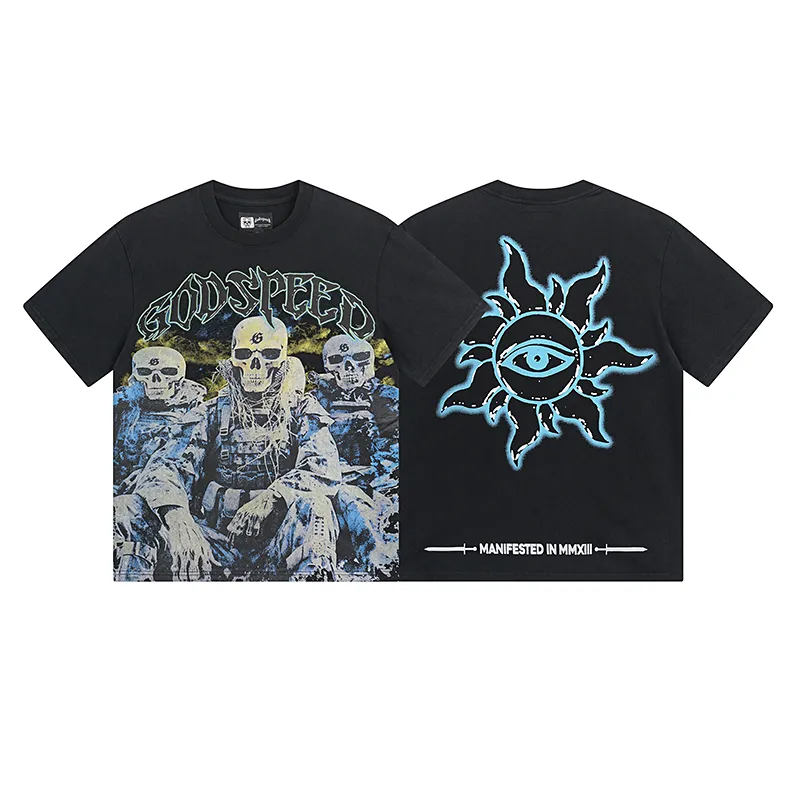 1032# P126 Washed Black Real Shot Godspeed American Fashion Rock Street Retro Washed Distressed Printed Pure Cotton Short Sleeves Fabric: 250g 32 Count Fine Cotton Double Yarn Pure Cotton Color: Washed Black Size: S M L XL