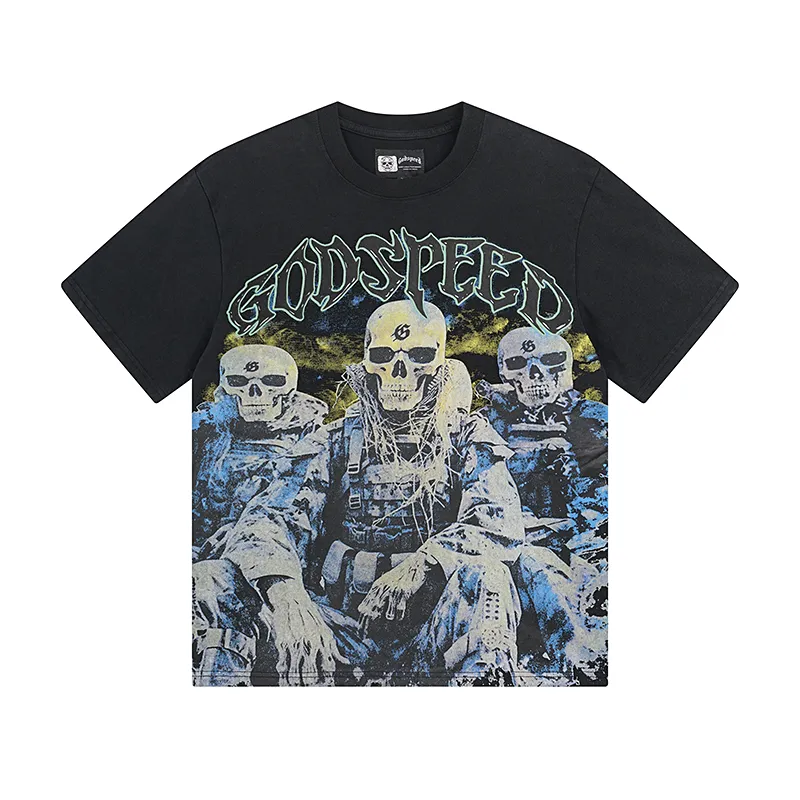 1032# P126 Washed Black Real Shot Godspeed American Fashion Rock Street Retro Washed Distressed Printed Pure Cotton Short Sleeves Fabric: 250g 32 Count Fine Cotton Double Yarn Pure Cotton Color: Washed Black Size: S M L XL