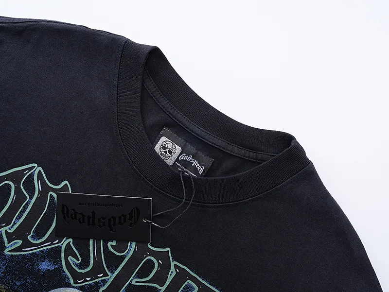 1032# P126 Washed Black Real Shot Godspeed American Fashion Rock Street Retro Washed Distressed Printed Pure Cotton Short Sleeves Fabric: 250g 32 Count Fine Cotton Double Yarn Pure Cotton Color: Washed Black Size: S M L XL