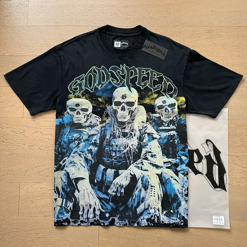 1032# P126 Washed Black Real Shot Godspeed American Fashion Rock Street Retro Washed Distressed Printed Pure Cotton Short Sleeves Fabric: 250g 32 Count Fine Cotton Double Yarn Pure Cotton Color: Washed Black Size: S M L XL