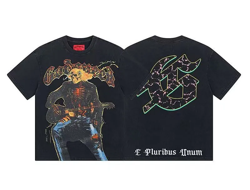 6022# washed black｜P116 Godspeed cross-border American rock and roll street washed retro style short-sleeved T (craft printing) fabric (fabric): 32 count combed double yarn 250g weight size (size): S-M-L-XL color (colour): washed black yu 👉 👉