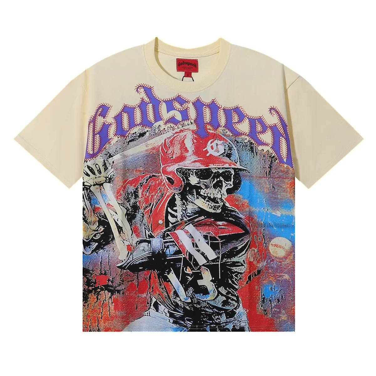 No. 7025, American fashion Godspeed skull baseball player printed high-quality double yarn pure cotton casual short-sleeved T-shirt batch 110 Color: black, apricot, blue; Size: S M L XL