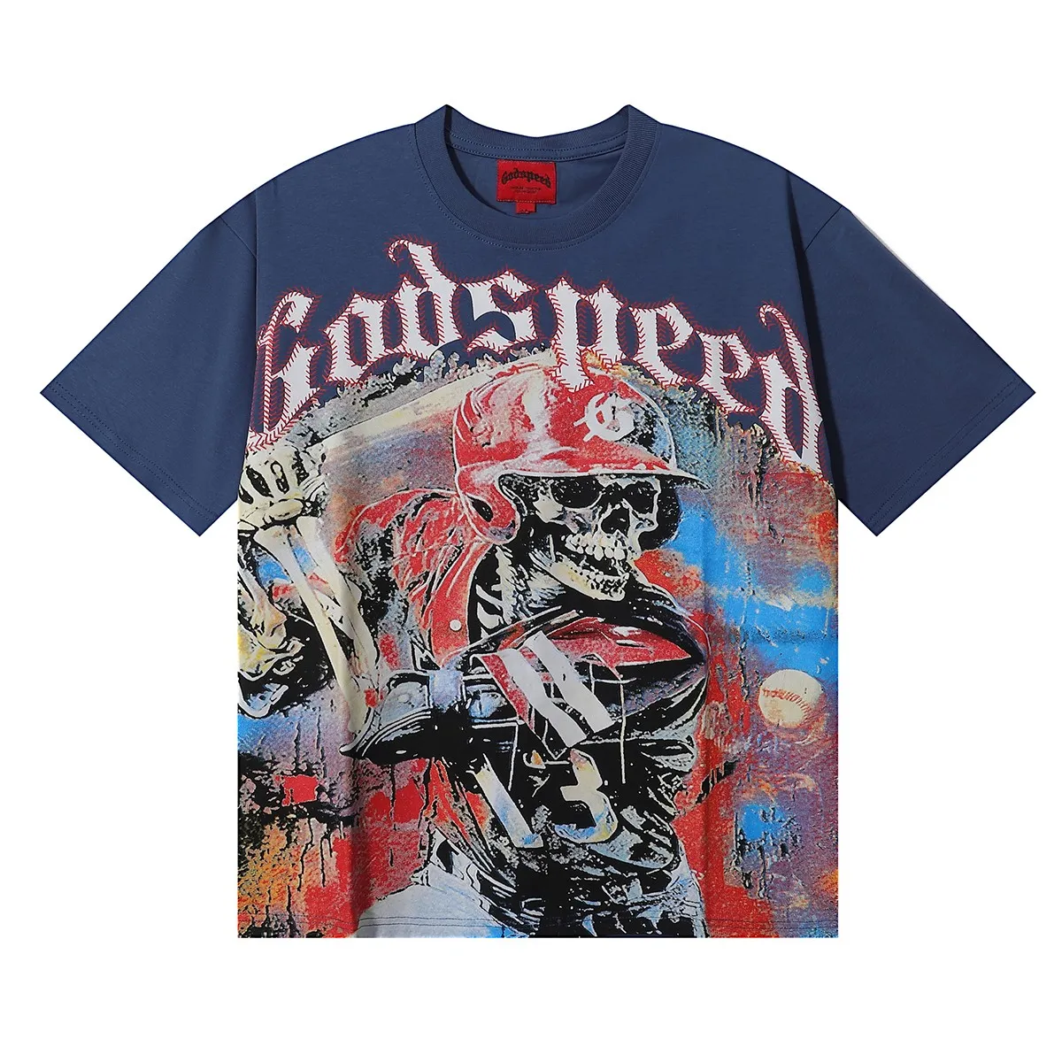 No. 7025, American fashion Godspeed skull baseball player printed high-quality double yarn pure cotton casual short-sleeved T-shirt batch 110 Color: black, apricot, blue; Size: S M L XL