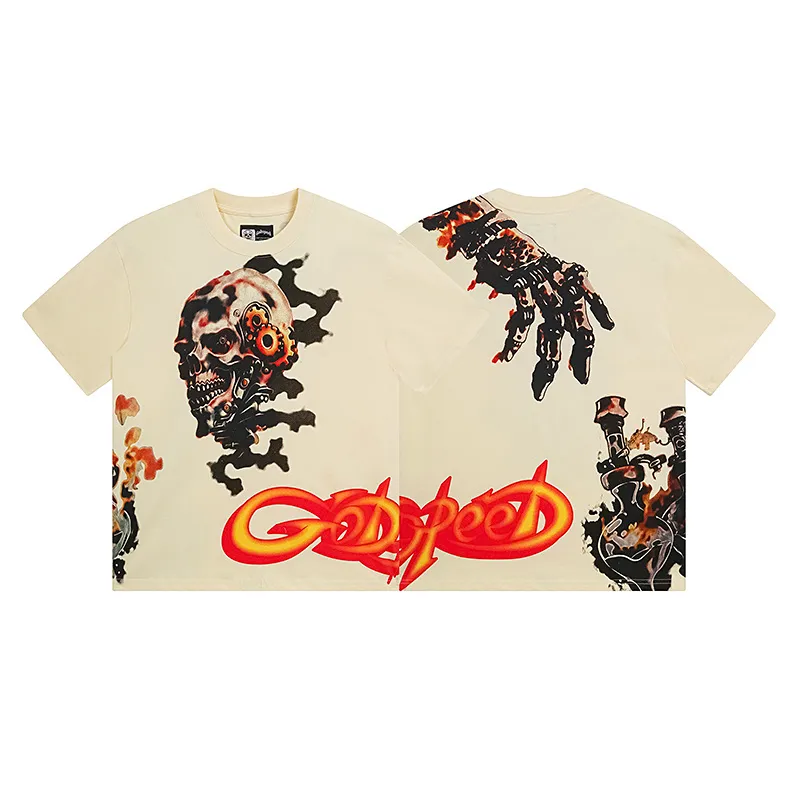 3132# P106 Real shot Godspeed American fashion rock street retro loose printed cotton short sleeves Fabric: 240g 32 count fine cotton double yarn pure cotton Color: apricot Size: S M L XL