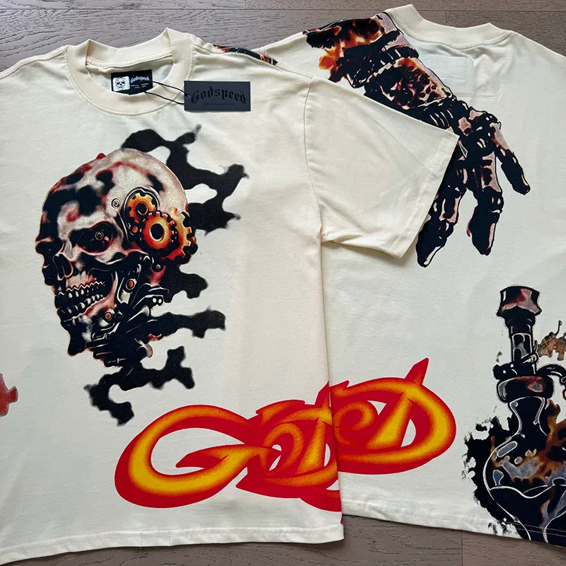 3132# P106 Real shot Godspeed American fashion rock street retro loose printed cotton short sleeves Fabric: 240g 32 count fine cotton double yarn pure cotton Color: apricot Size: S M L XL