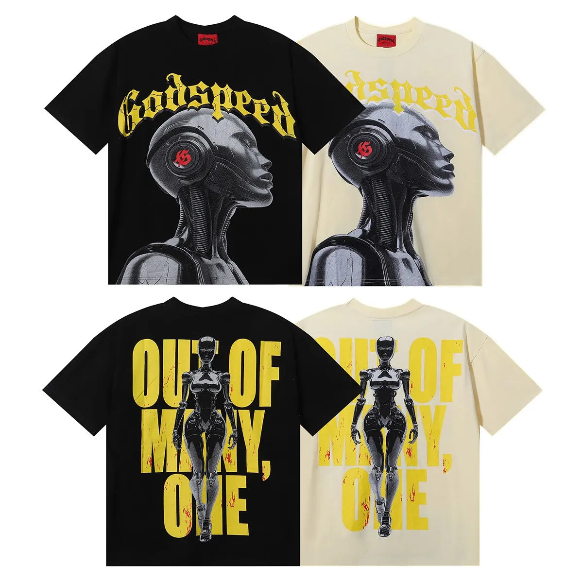 No. 7007, Meichao Godspeed technology robot printed high-quality double yarn pure cotton casual short-sleeved T-shirt batch 110 Color: black, apricot; Size: S M L XL