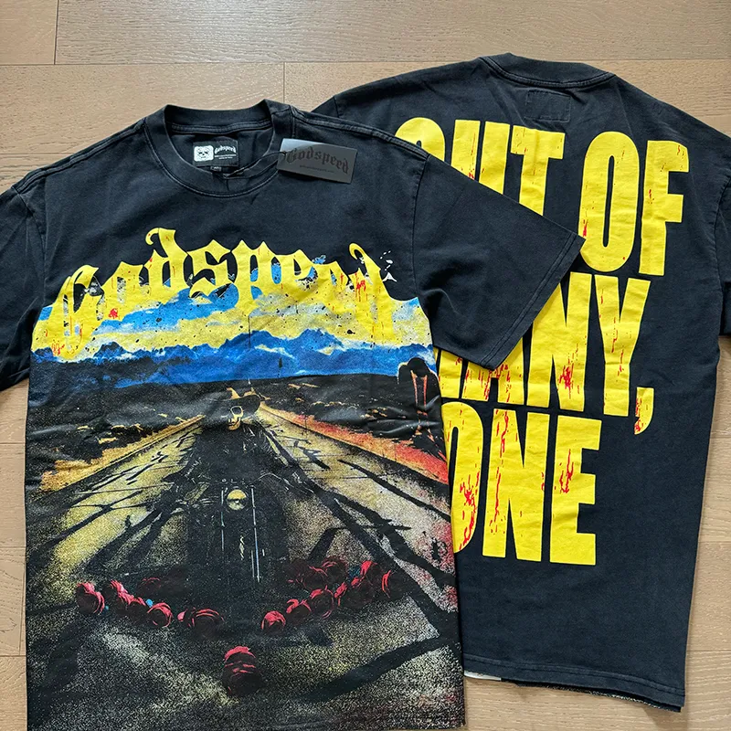 1011# P126 Washed Black Real Shot Godspeed American Fashion Rock Street Retro Washed Distressed Printed Cotton Short Sleeves Fabric: 250g 32 Count Fine Cotton Double Yarn Pure Cotton Color: Washed Black Size: S M L XL