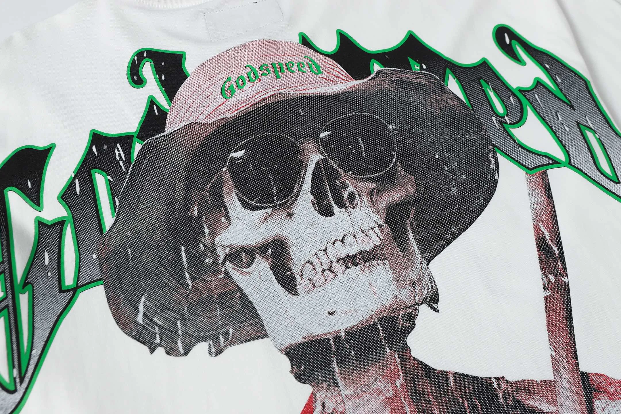 5077# White | P104 Godspeed cross-border American rock and roll street washed retro style short-sleeved T (craft printing) fabric (fabric): 32-count combed double yarn 240 grams weight code number (size): S-M-L-XL color (colour): white