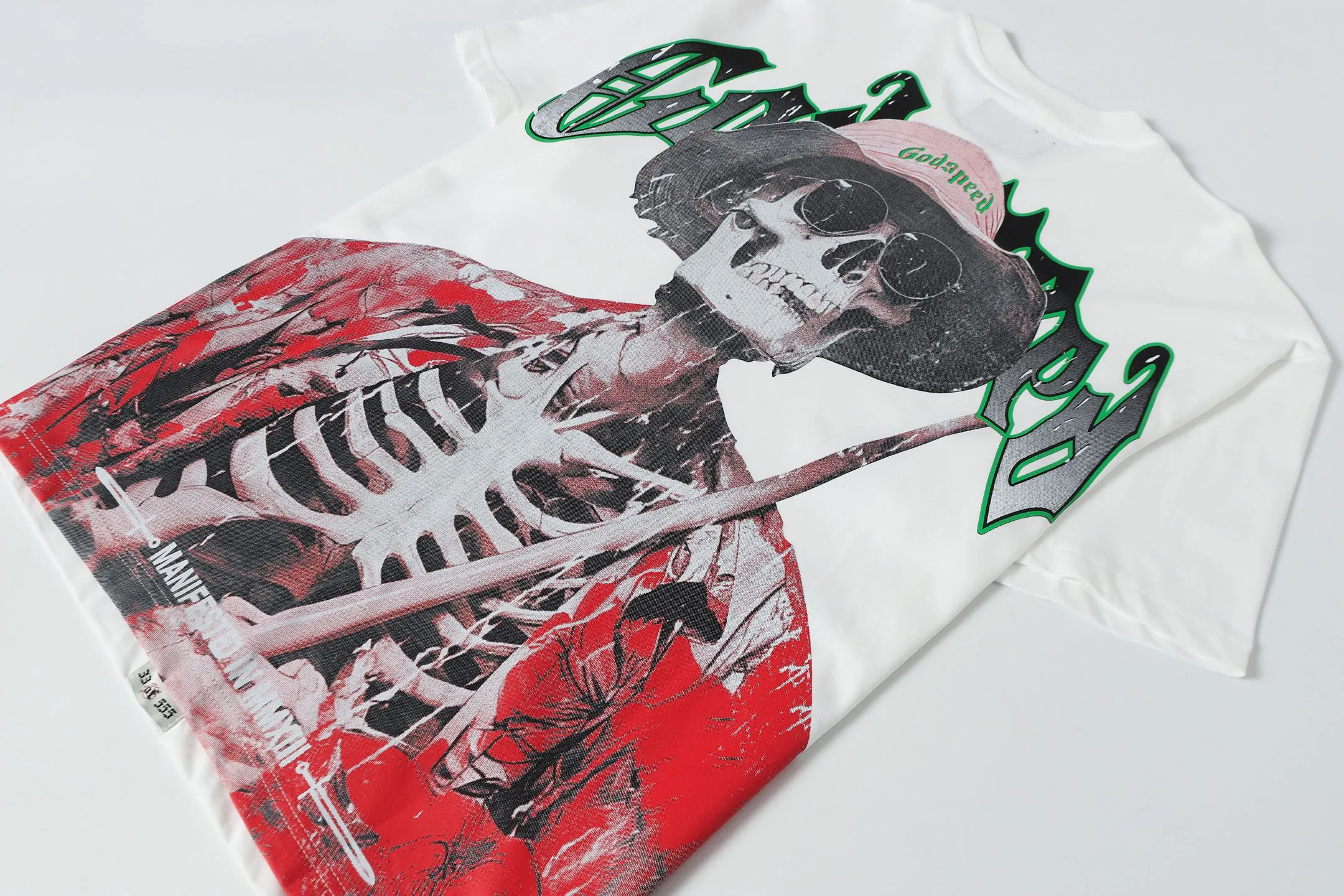 5077# White | P104 Godspeed cross-border American rock and roll street washed retro style short-sleeved T (craft printing) fabric (fabric): 32-count combed double yarn 240 grams weight code number (size): S-M-L-XL color (colour): white