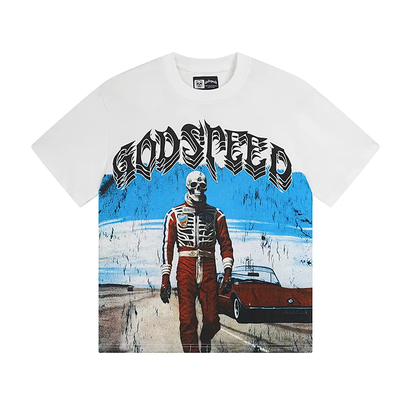 3087# P110 Real shot Godspeed American fashion rock street retro loose printed cotton short sleeves Fabric: 240g 32 count fine cotton double yarn pure cotton Color: off-white Size: S M L XL