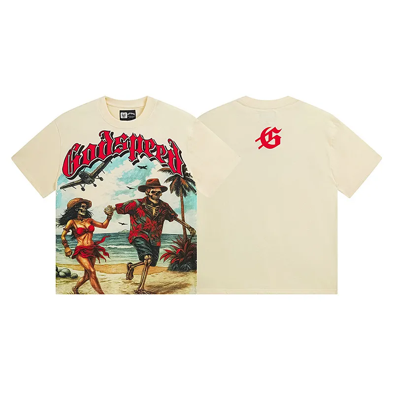 3152# P106 Real shot Godspeed American fashion rock street retro loose printed cotton short sleeves Fabric: 240g 32 count fine cotton double yarn pure cotton Color: apricot Size: S M L XL