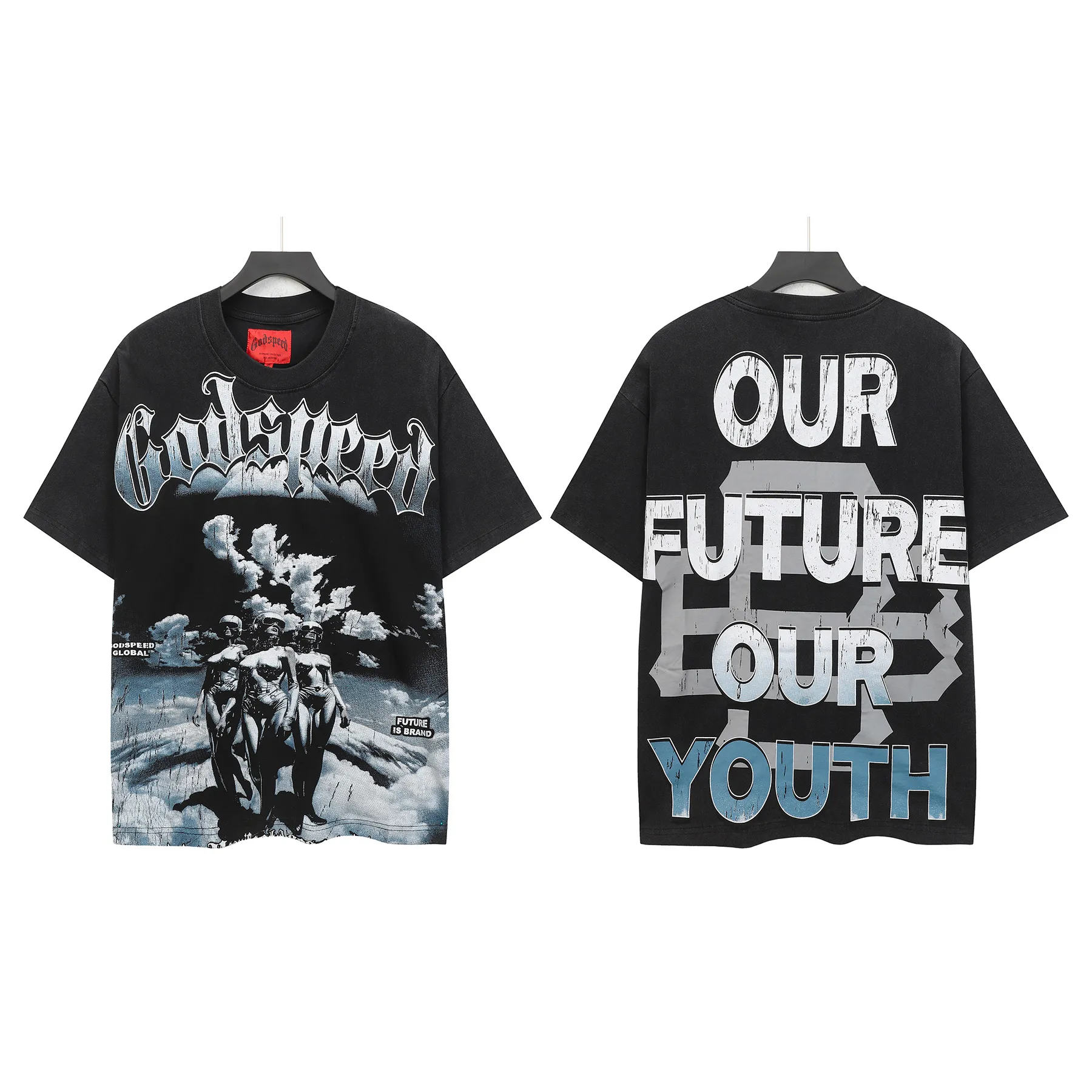 6302# Washed black I P116 Real shot (American fashion niche) Godspeed cross-border American rock street washed retro style short-sleeved T (craft printing) Fabric (fabric): 32 counts combed double yarn 250 grams weight Size (size): S-M-L-XL Color (colour): Washed black