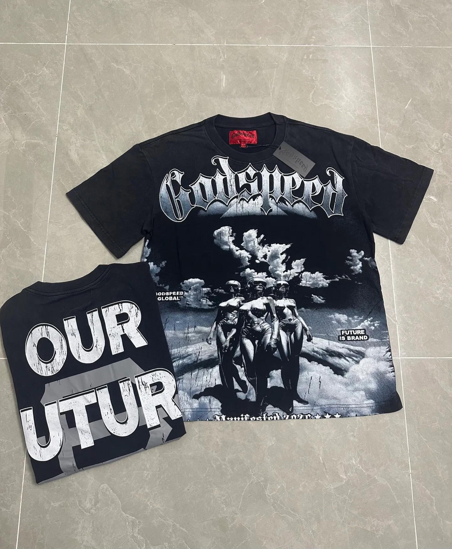 6302# Washed black I P116 Real shot (American fashion niche) Godspeed cross-border American rock street washed retro style short-sleeved T (craft printing) Fabric (fabric): 32 counts combed double yarn 250 grams weight Size (size): S-M-L-XL Color (colour): Washed black