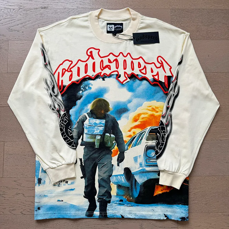 3098# P140 Real shot of Godspeed American fashion rock street pure cotton loose bottoming long-sleeved T-shirt long T. Fabric: 270g 32 count fine cotton double yarn pure cotton Color: apricot Size: S M L XL