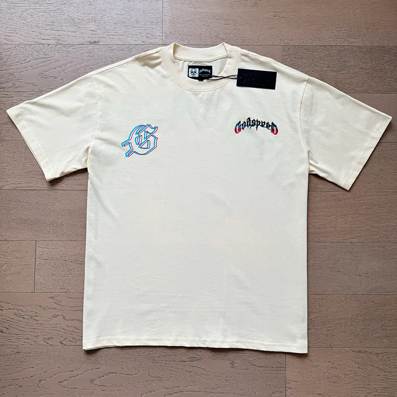 3138# P106 Real shot Godspeed American fashion rock street retro loose printed cotton short sleeves Fabric: 240g 32 count fine cotton double yarn pure cotton Color: apricot Size: S M L XL