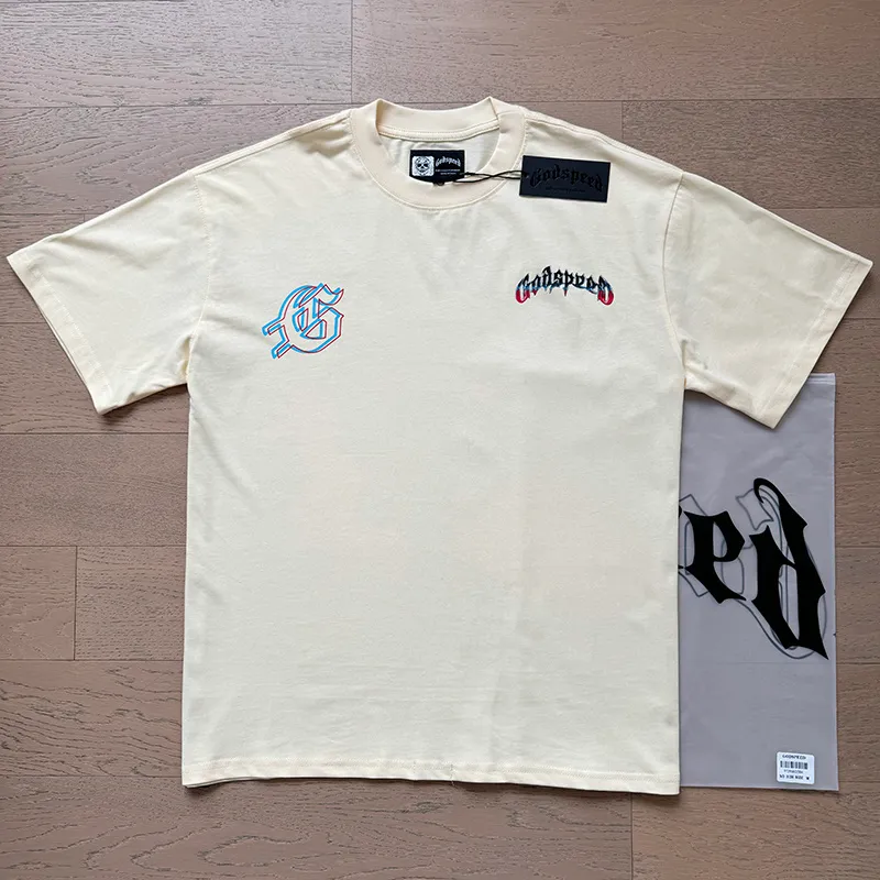 3138# P106 Real shot Godspeed American fashion rock street retro loose printed cotton short sleeves Fabric: 240g 32 count fine cotton double yarn pure cotton Color: apricot Size: S M L XL