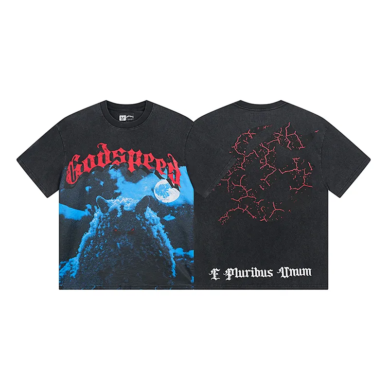 1085# P126 Washed Black Real Shot Godspeed American Fashion Rock Street Retro Washed Distressed Printed Pure Cotton Short Sleeves Fabric: 250g 32 Count Fine Cotton Double Yarn Pure Cotton Color: Washed Black Size: S M L XL