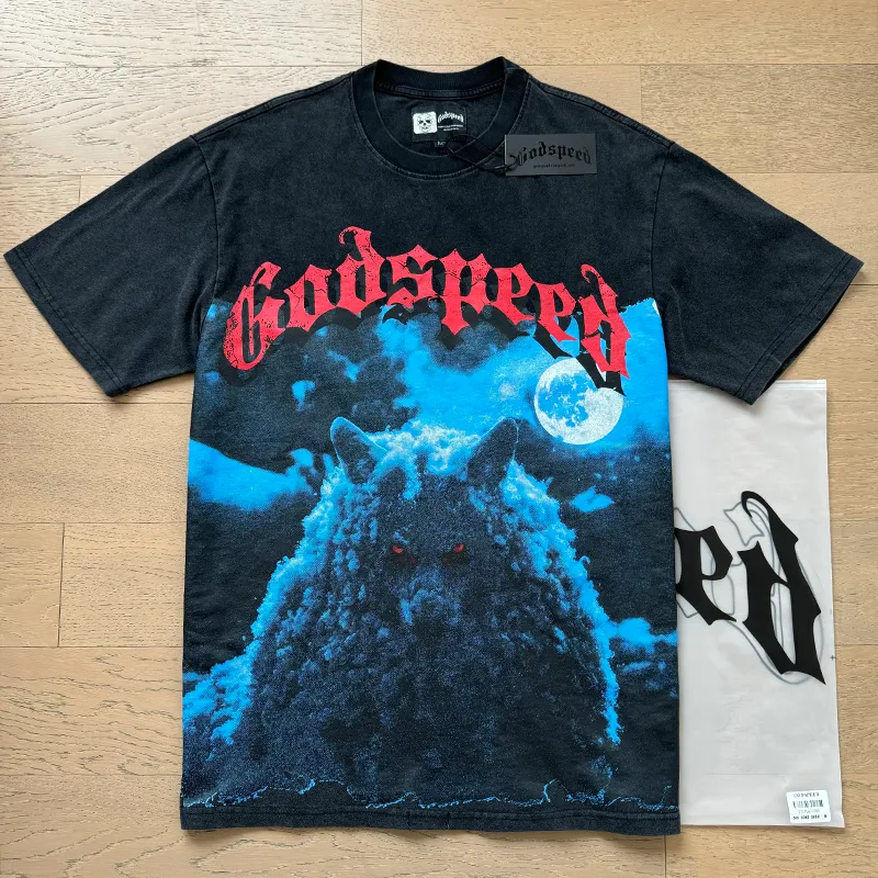 1085# P126 Washed Black Real Shot Godspeed American Fashion Rock Street Retro Washed Distressed Printed Pure Cotton Short Sleeves Fabric: 250g 32 Count Fine Cotton Double Yarn Pure Cotton Color: Washed Black Size: S M L XL