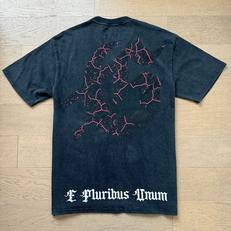 1085# P126 Washed Black Real Shot Godspeed American Fashion Rock Street Retro Washed Distressed Printed Pure Cotton Short Sleeves Fabric: 250g 32 Count Fine Cotton Double Yarn Pure Cotton Color: Washed Black Size: S M L XL