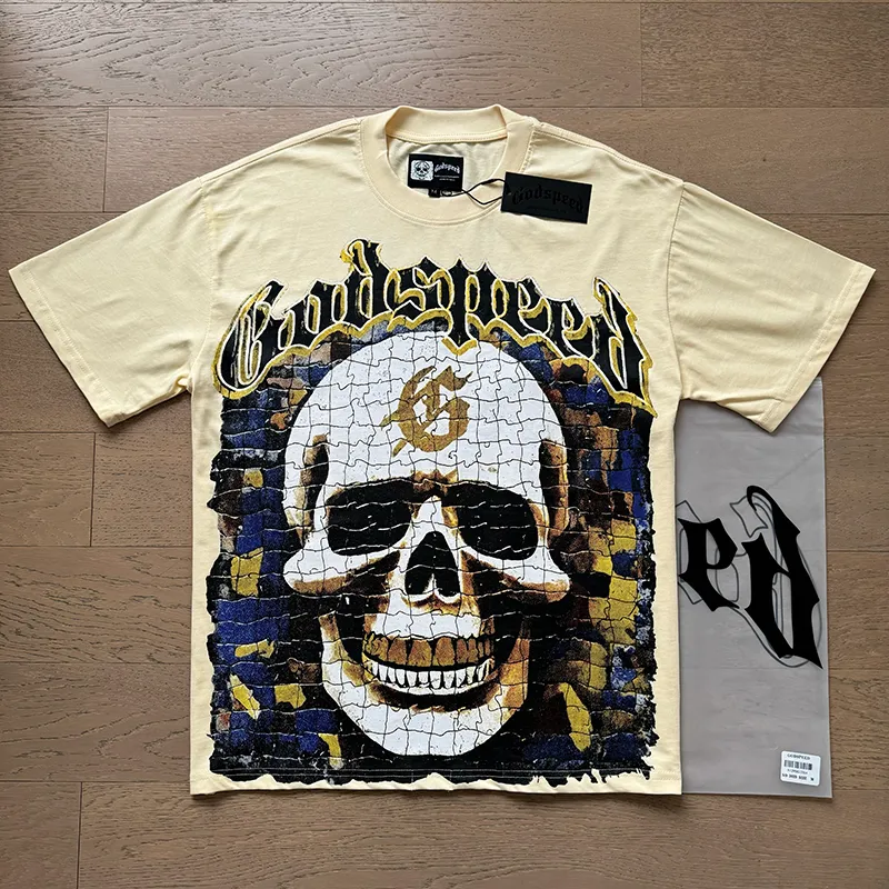 3039# P110 Real shot Godspeed American fashion rock street retro loose printed cotton short sleeves Fabric: 240g 32 count fine cotton double yarn pure cotton Color: apricot Size: S M L XL