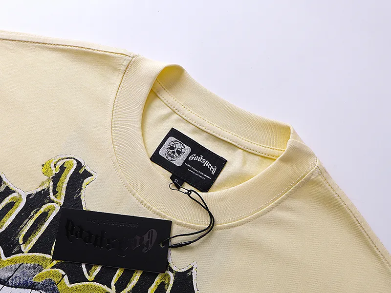 3039# P110 Real shot Godspeed American fashion rock street retro loose printed cotton short sleeves Fabric: 240g 32 count fine cotton double yarn pure cotton Color: apricot Size: S M L XL